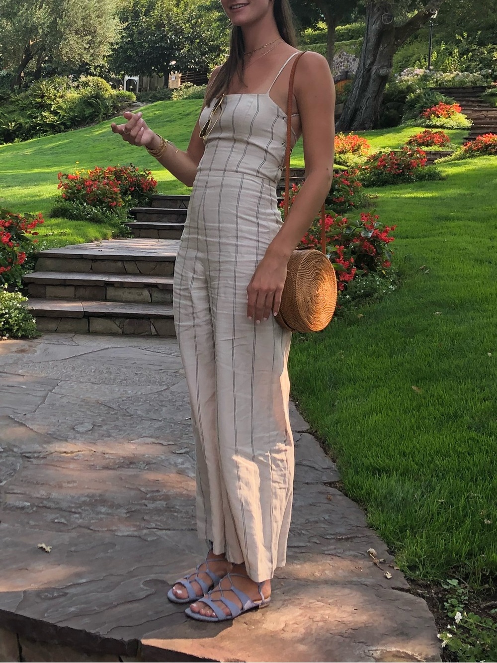 Reformation Cream Linen-Blend Striped Spaghetti Strap Jumpsuit